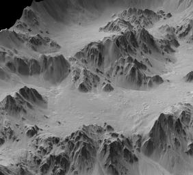 This is a synthesized, oblique view of a portion of the wall terraces of Mojave Crater in the Xanthe Terra region of Mars. It is a digital terrain model generated from a stereo pair of images from NASA's Mars Reconnaissance Orbiter.