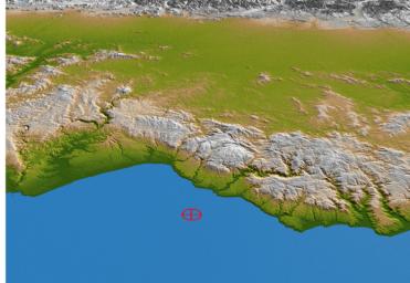 This perspective view from NASA's Shuttle Radar Topography Mission of coastal Chile indicates the epicenter (red marker) of the 8.8 earthquake on Feb. 27, 2010, just offshore of the Maule region in the Bahia de Chanco.
