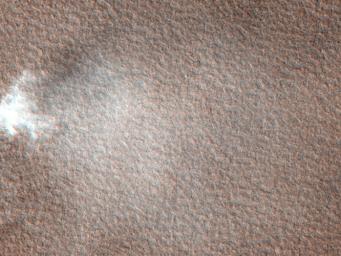 This image from NASA's Mars Reconnaissance Orbiter was targeted to study knobs in Mars' northern plains, north of Scandia Crater. The knobs are clearly imaged, but what surprised scientists was a dust devil visible in the south-central part of the image.