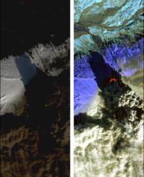 On Saturday, April 17, 2010, NASA's Earth Observing-1 (EO-1) spacecraft obtained this pair of images of the continuing eruption of Iceland's Eyjafjallajkull volcano. On the left, new black ash deposits are visible on the ground.