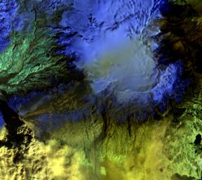 The Advanced Land Imager onboard NASA's Earth Observing-1 (EO-1) spacecraft obtained this false-color infrared image of Iceland's Eyjafjallajkull volcano on April 17, 2010. A strong thermal source is visible at the base of the Eyjafjallajkull plume.