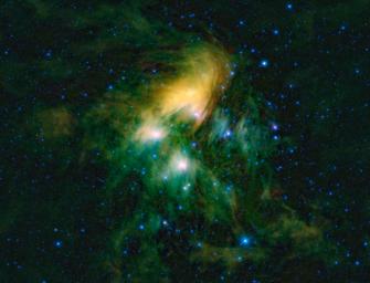 This image shows the famous Pleiades cluster of stars as seen through the eyes of NASA's Wide-field Infrared Survey Explorer; they are what astronomers call an open cluster of stars, loosely bound to each other to eventually go their separate ways.