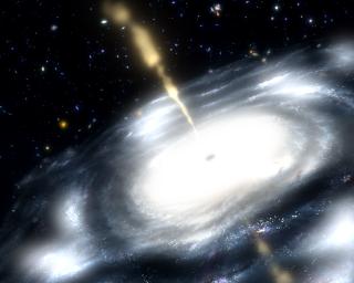 This artist's concept shows a galaxy with a supermassive black hole at its core. The black hole is shooting out jets of radio waves.