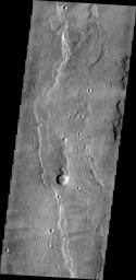This image from NASA's 2001 Mars Odyssey image shows a small portion of the southern flank of Alba Mons.