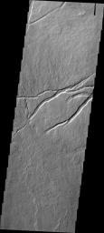 This image taken by NASA's 2001 Mars Odyssey shows lava flows and tectonic features related to the Arsia Mons volcanic system. The tectonic graben (downdropped blocks bounded by faults) are called Oti Fossae.