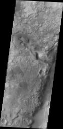 Nili Fossae, a series of tectonic fractures, is the low region on the right side of this image captured by NASA's Mars Odyssey. A small channel is visible draining into the large tectonic depression.