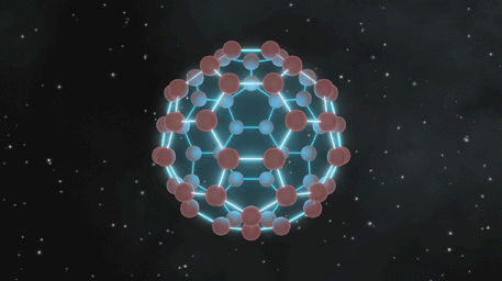 This image illustrates that buckyballs -- discovered in space by NASA's Spitzer Space Telescope -- closely resemble old fashioned, black-and-white soccer balls, only on much smaller scales. 