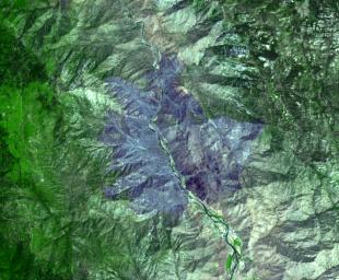 NASA's Terra spacecraft captured this image of the wildfire near Palmdale, Calif. on August 1, 2010 called the Crown fire. The burned areas appear in shades of gray in this simulated natural color image.