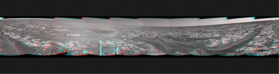 This stereo mosaic of images from NASA's Mars Exploration Rover Opportunity shows surroundings of the rover's location following an 81-meter (266-foot) drive east-northeastward on Sept. 16, 2010. 3D glasses are necessary to view this image.