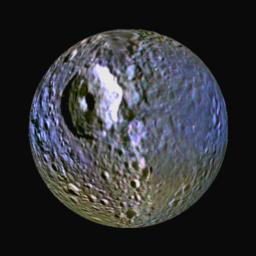 This enhanced-color view of Saturn's moon Mimas was made from images obtained by NASA's Cassini spacecraft. It highlights the bluish band around the icy moon's equator. The large round gouge on the surface is Herschel Crater.