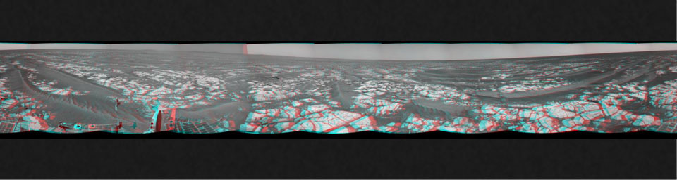 This mosaic of images from NASA's Mars Exploration Rover Opportunity shows surroundings of the rover's location following an 100.7-meter (330-foot) drive on Oct. 17, 2010. 3D glasses are necessary.