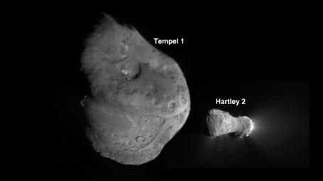 This image shows the nuclei of comets Tempel 1 and Hartley 2, as imaged by NASA's Deep Impact spacecraft, which continued as an extended mission known as EPOXI.