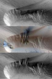 Three images of the same location, taken by NASA's Mars Reconnaissance Orbiter at different times on Mars, show seasonal activity causing sand avalanches and ripple changes on a Martian dune. Time sequence of the images progresses from top to bottom.