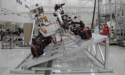 The Mast Camera (Mastcam) on NASA's Mars rover Curiosity has two rectangular 'eyes' near the top of the rover's remote sensing mast. This image shows Curiosity on a tilt table NASA's Jet Propulsion Laboratory, Pasadena, California.