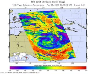 The Atmospheric Infrared Sounder (AIRS) instrument onboard NASA's Aqua spacecraft captured this infrared image of Tropical Cyclone Yasi on Feb. 2, 2011 as the storm passed over Australia's Great Dividing Range.