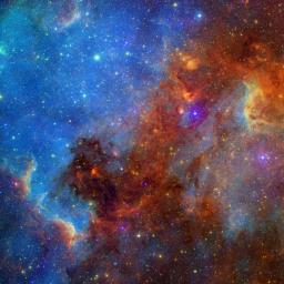 This view of the North America nebula combines both visible and infrared light observations, taken by the Digitized Sky Survey and NASA's Spitzer Space Telescope. Clusters of young stars (about one million years old) can be found throughout the image.
