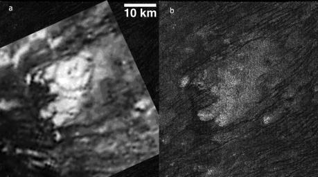 These side-by-side images obtained by NASA's Cassini spacecraft show the feature named Tortola Facula on Saturn's moon Titan.