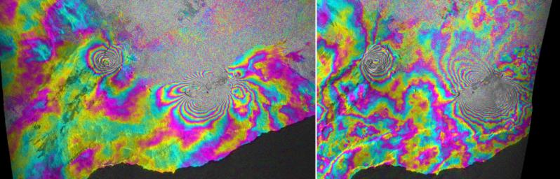 This image using COSMO-SkyMed radar data, depicts the relative deformation of Earth's surface at Kilauea when a large fissure eruption began on the east rift zone of Hawaii's Kilauea volcano on March 5, 2011.