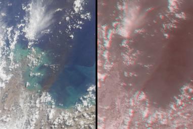 This images, acquired on March 12, 2011 by NASA's Terra spacecraft, shows a large smoke plume that appears to be associated either with the Shiogama incident or Sendai port fires. 3D glasses are necessary to view this image.