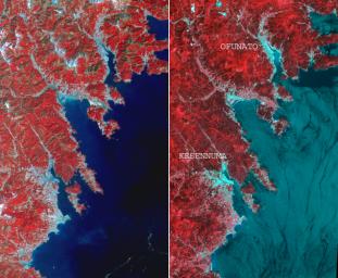 This before-and-after image pair acquired by NASA's Terra spacecraft of the Japan coastal cities of Ofunato and Kesennuma reveals changes to the landscape that are likely due to the effects of the tsunami on March 11, 2011. The new image is on the left.