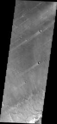 These windstreaks are located in northern Terra Tyrrhena. The wind was blowing from NE to SW to create the streaks in the lee of the craters. This image is from NASA's Mars Odyssey.