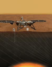 An artist's concept portrays the proposed Geophysical Monitoring Station mission for studying the deep interior of Mars.