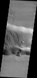The landslide deposit in this image captured by NASA's Mars Odyssey is located in shallow extension of Tithonium Chasma, in the western part of Valles Marineris.