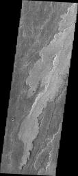 The volcanic flows in Daedalia Planum originated from Arsia Mons. This image from NASA's Mars Odyssey shows a tiny portion of Daedalia Planum.