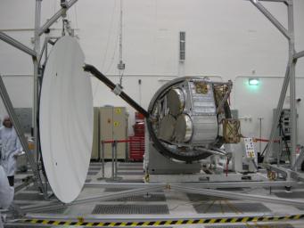 Aquarius reflector deployment is tested in the clean room at NASA's Jet Propulsion Laboratory in Pasadena, Calif.