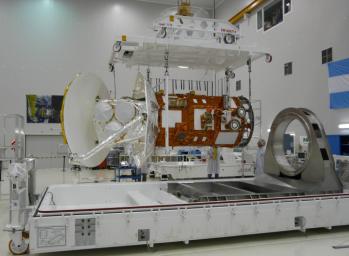 After months of integration and testing at the INVAP facility (Bariloche, Argentina), NASA's Aquarius/SAC-D is removed from the service platform in preparation for shipping to Brazil.
