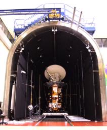 NASA's Aquarius/SAC-D observatory is moved into the thermal-vacuum chamber at Brazil's National Institute for Space Research.