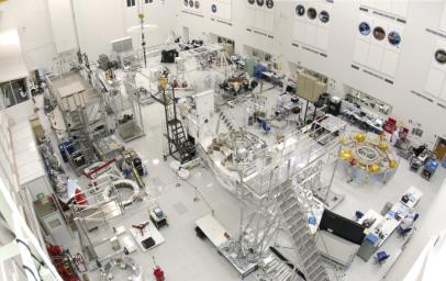 This wide-angle view shows the High Bay 1 cleanroom inside the Spacecraft Assembly Facility at NASA's Jet Propulsion Laboratory, Pasadena, Calif. Specialists are working on components of NASA's Mars Science Laboratory spacecraft.