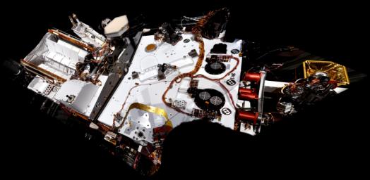 NASA's Mars rover Curiosity took the images combined into this mosaic of the rover's upper deck. The images were taken in March 2011. At the time, Curiosity was inside a space simulation chamber at NASA's Jet Propulsion Laboratory, Pasadena, Calif.