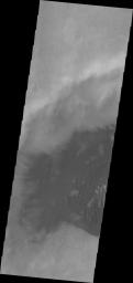 It is now high summer at the South Pole of Mars; the sand dunes in high latitude craters are all frost free. This image captured by NASA's 2001 Mars Odyssey spacecraft is of an unnamed crater in Sisyphi Planum has dunes and and moving out of the crater.