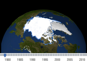 Observations from NASA satellites show that Arctic sea ice is now declining at a rate of 11.5 percent per decade, This image was created by the NASA/Goddard Scientific Visualization Studio.