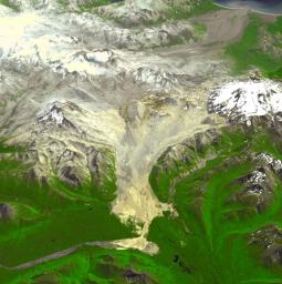 This image acquired by NASA's Terra spacecraft is of the Valley of Ten Thousand Smokes. Located in Katmai National Park, Alaska, the park is filled with ash flows from the 1912 eruption of Novarupta.