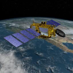 Artist's concept of the U.S.-European Jason-3 spacecraft over the California coast. Jason-3 will precisely measure the height of the ocean surface, allowing scientists to monitor ocean circulation and sea level.