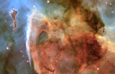 The Keyhole Nebula, part of a larger region called the Carina Nebula (NGC 3372), about 8,000 light-years from Earth as seen by NASA's Hubble Telescope.