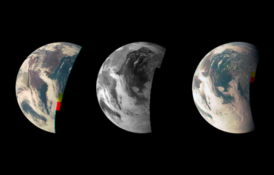 This trio of NASA's Junocam views of Earth was taken during Juno's close flyby on October 9, 2013.