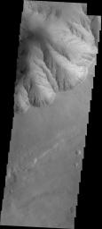 This image from NASA's 2001 Mars Odyssey spacecraft shows a small landslide chute and deposit. This feature is located on the easternmost end of Candor Chasma.