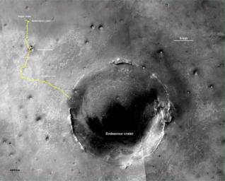 The yellow line on this map shows where NASA's Mars Rover Opportunity has driven from the place where it landed in January 2004, inside Eagle crater, at the upper left end of the track, to a point approaching the rim of Endeavour crater.