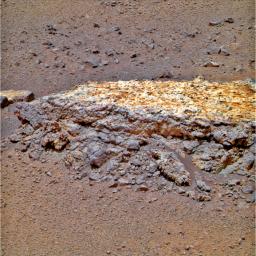 This rock, informally named 'Tisdale 2,' was the first rock NASA's Mars Rover Opportunity examined in detail on the rim of Endeavour crater. It has textures and composition unlike any rock the rover examined during its first 90 months on Mars.