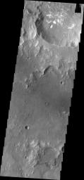 This image from NASA's 2001 Mars Odyssey spacecraft shows two landslide deposits located on the southern side of Columbus Crater in Terra Sirenum.