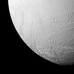 NASA's Cassini spacecraft takes a close view of some of the southern terrain of Saturn's moon Enceladus, where newly created terrain is on display.