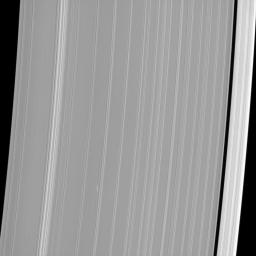 The propeller-shaped white dashes near the bottom of NASA's Cassini spacecraft image reveal the location of a small moonlet embedded in Saturn's A ring.