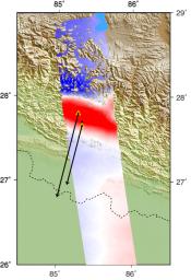 This false-color map from NASA's ARIA project shows the amount of permanent surface movement caused almost entirely by the magnitude 7.8 Gorkha earthquake in Nepal.