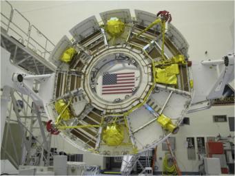The cruise stage of NASA's Mars Science Laboratory spacecraft is being prepared for final stacking of the spacecraft in this photograph from inside the Payload Hazardous Servicing Facility at NASA Kennedy Space Center, Fla.