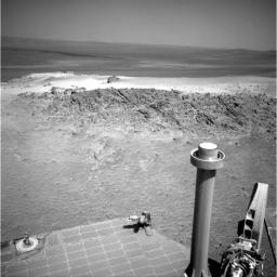 NASA's Mars Exploration Rover Opportunity used its navigation camera to capture this view of a northward-facing outcrop, 'Greeley Haven,' where the rover will work during its fifth Martian winter.