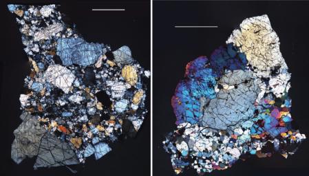 Ces images sont de HED (howardite, eucrite et diogénite) météorites sont un grand groupe de météorites qui se croient originaires de l'astéroïde Vesta, une hypothèse qui est compatible avec les observations actuelles Dawn.