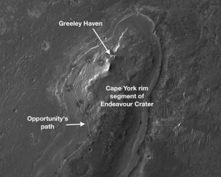 NASA's Mars Exploration Rover Opportunity will spend its fifth Martian winter working at a location informally named 'Greeley Haven.' This image indicates the location of Greeley Haven on Cape York.